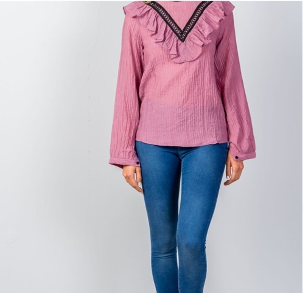 Reveuse Cotton Ruffle Blouse With Crocheted Trim